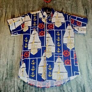 VTG 80s 90s Gant Rough Weather Nautical Print AOP Canvas Shirt Oversize Mens M